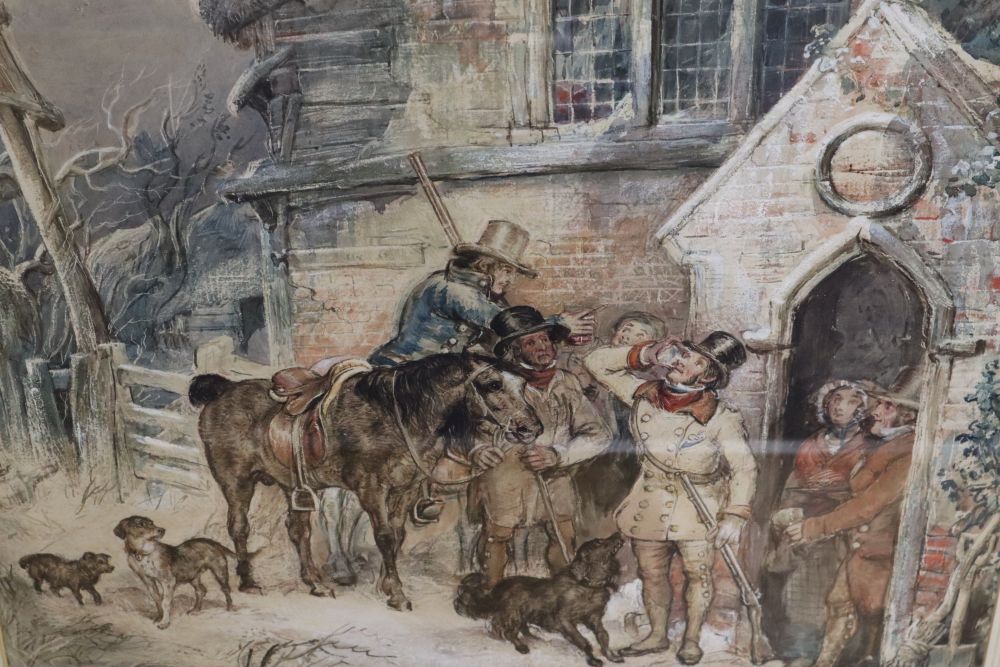 Attributed to Henry Stacy Marks (1829-1898), watercolour, A Welcome Drink; Figures outside an inn in winter, initialled, 44 x 55cm